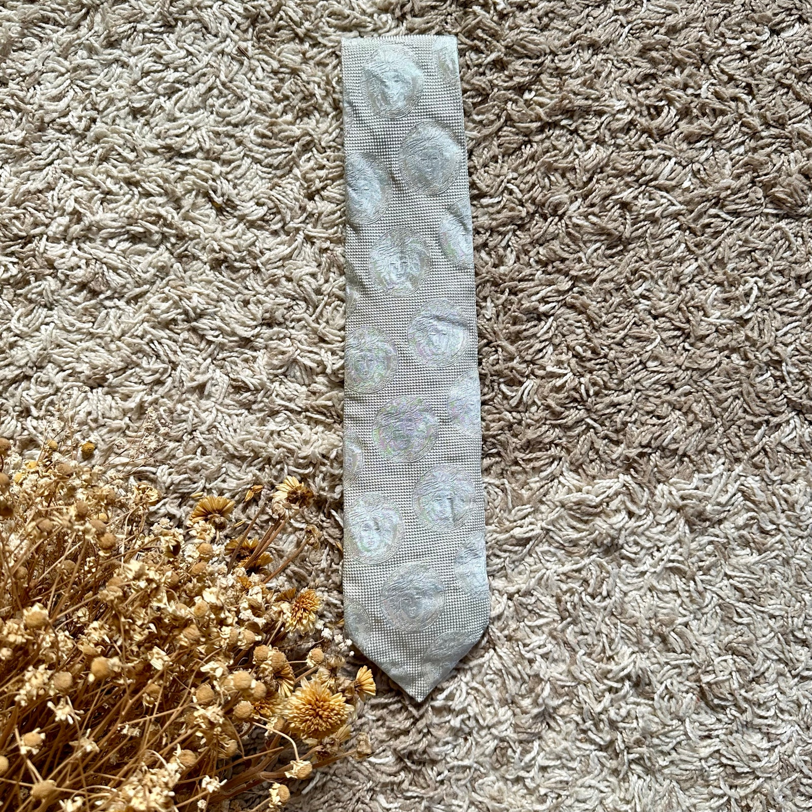 Vintage Gianni Versace Gray Monogrammed Medusa Silk Tie Monogram Made In Italy